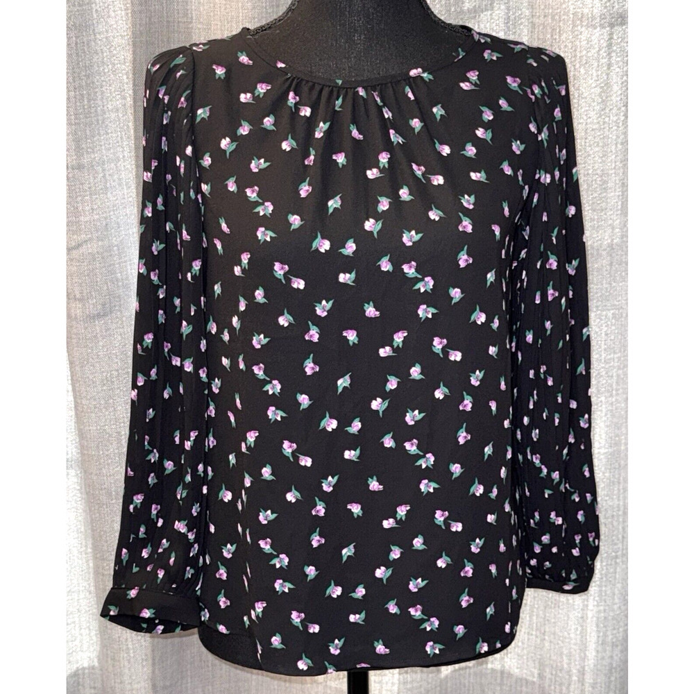 NWT J CREW Women’s Sz PS Floral Printed Pleated-Sleeve Blouse Top Black Purple